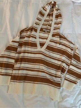 LOFT Cream & Mustard Striped V-Neck Hooded Sweater